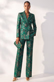 Dark Green Printed Peak Lapel Jacquard Double‑Breasted Women Suits with Pockets