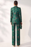 Dark Green Printed Peak Lapel Jacquard Double‑Breasted Women Suits with Pockets