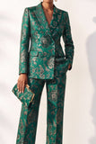Dark Green Printed Peak Lapel Jacquard Double‑Breasted Women Suits with Pockets