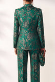 Dark Green Printed Peak Lapel Jacquard Double‑Breasted Women Suits with Pockets