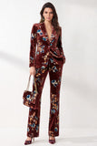 Rust Printed Velvet Peak Lapel Single‑Breasted Women Suits with Pockets