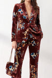 Rust Printed Velvet Peak Lapel Single‑Breasted Women Suits with Pockets