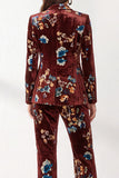 Rust Printed Velvet Peak Lapel Single‑Breasted Women Suits with Pockets