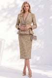 Golden 2-Piece V-Neck Midi Work Dress with Frayed Trim