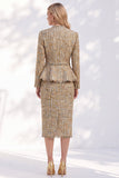 Golden 2-Piece V-Neck Midi Work Dress with Frayed Trim