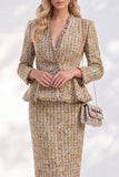 Golden 2-Piece V-Neck Midi Work Dress with Frayed Trim
