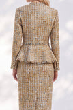 Golden 2-Piece V-Neck Midi Work Dress with Frayed Trim