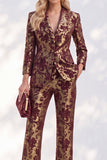 Rust Printed 2 Piece Single Breasted Women Suits with Pockets