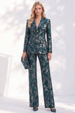 Dark Green Printed Notched Lapel Single‑Breasted Women Suits