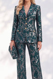 Dark Green Printed Notched Lapel Single‑Breasted Women Suits