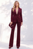 Burgundy 2 Piece Notched Lapel Single‑Breasted Women Suits with Lace