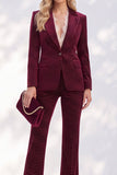 Burgundy 2 Piece Notched Lapel Single‑Breasted Women Suits with Lace