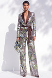 Silver Printed Sequins Notched Lapel Long Women Suits with Belt