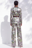 Silver Printed Sequins Notched Lapel Long Women Suits with Belt