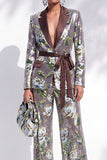 Silver Printed Sequins Notched Lapel Long Women Suits with Belt