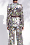 Silver Printed Sequins Notched Lapel Long Women Suits with Belt