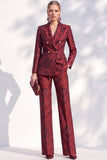 Dark Red Floral Jacquard Peak Lapel Double‑Breasted Long Women Suits