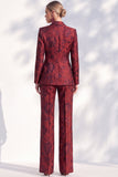 Dark Red Floral Jacquard Peak Lapel Double‑Breasted Long Women Suits