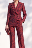 Dark Red Floral Jacquard Peak Lapel Double‑Breasted Long Women Suits
