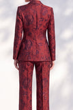 Dark Red Floral Jacquard Peak Lapel Double‑Breasted Long Women Suits