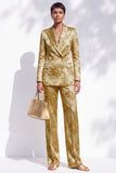 Golden Jacquard Peak Lapel Double Breasted Women Suits