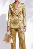 Golden Jacquard Peak Lapel Double Breasted Women Suits
