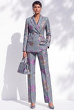 Grey Blue Jacquard Peak Lapel Pantsuits Long Women Suits