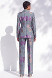 Grey Blue Jacquard Peak Lapel Pantsuits Long Women Suits