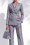 Grey Blue Jacquard Peak Lapel Pantsuits Long Women Suits
