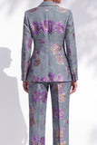 Grey Blue Jacquard Peak Lapel Pantsuits Long Women Suits