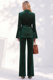 Dark Green Two Piece Peak Lapel Flare Sleeves Women Suits with Belt