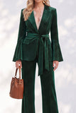 Dark Green Two Piece Peak Lapel Flare Sleeves Women Suits with Belt