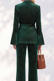 Dark Green Two Piece Peak Lapel Flare Sleeves Women Suits with Belt