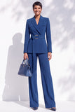Berlin Blue Peak Lapel Long Sleeves Women Suits with Belt