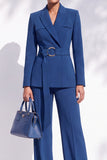 Berlin Blue Peak Lapel Long Sleeves Women Suits with Belt