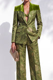 Olive Jacquard Shawl‑Peak Hybrid Lapel Women Suits