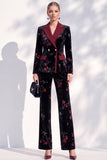Black Red Flower Velvet Peak Lapel Long Women Suits