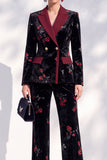 Black Red Flower Velvet Peak Lapel Long Women Suits