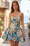 Blue Jacquard Ruched A-Line Strapless Short Homecoming Dress
