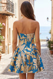 Blue Jacquard Ruched A-Line Strapless Short Homecoming Dress