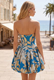 Blue Bubble Hem Jacquard Ruched A-Line Strapless Short Homecoming Dress