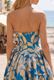 Blue Bubble Hem Jacquard Ruched A-Line Strapless Short Homecoming Dress