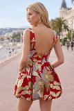 Red Bateau Neck Jacquard Bubble Hem Ruched A-Line Short Homecoming Dress