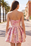 Pink Floral Jacquard Asymmetrical Ruched Bubble Hem Short Homecoming Dress
