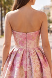 Pink Floral Jacquard Asymmetrical Ruched Bubble Hem Short Homecoming Dress