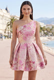 Pink One Shoulder Floral Jacquard Pleated A-Line Short Homecoming Dress
