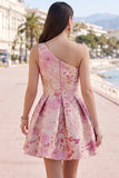 Pink One Shoulder Floral Jacquard Pleated A-Line Short Homecoming Dress