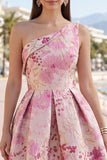Pink One Shoulder Floral Jacquard Pleated A-Line Short Homecoming Dress