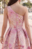 Pink One Shoulder Floral Jacquard Pleated A-Line Short Homecoming Dress