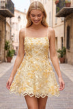 Yellow A-Line Embroidery Pearl Short Homecoming Dress with 3D Floral Appliques